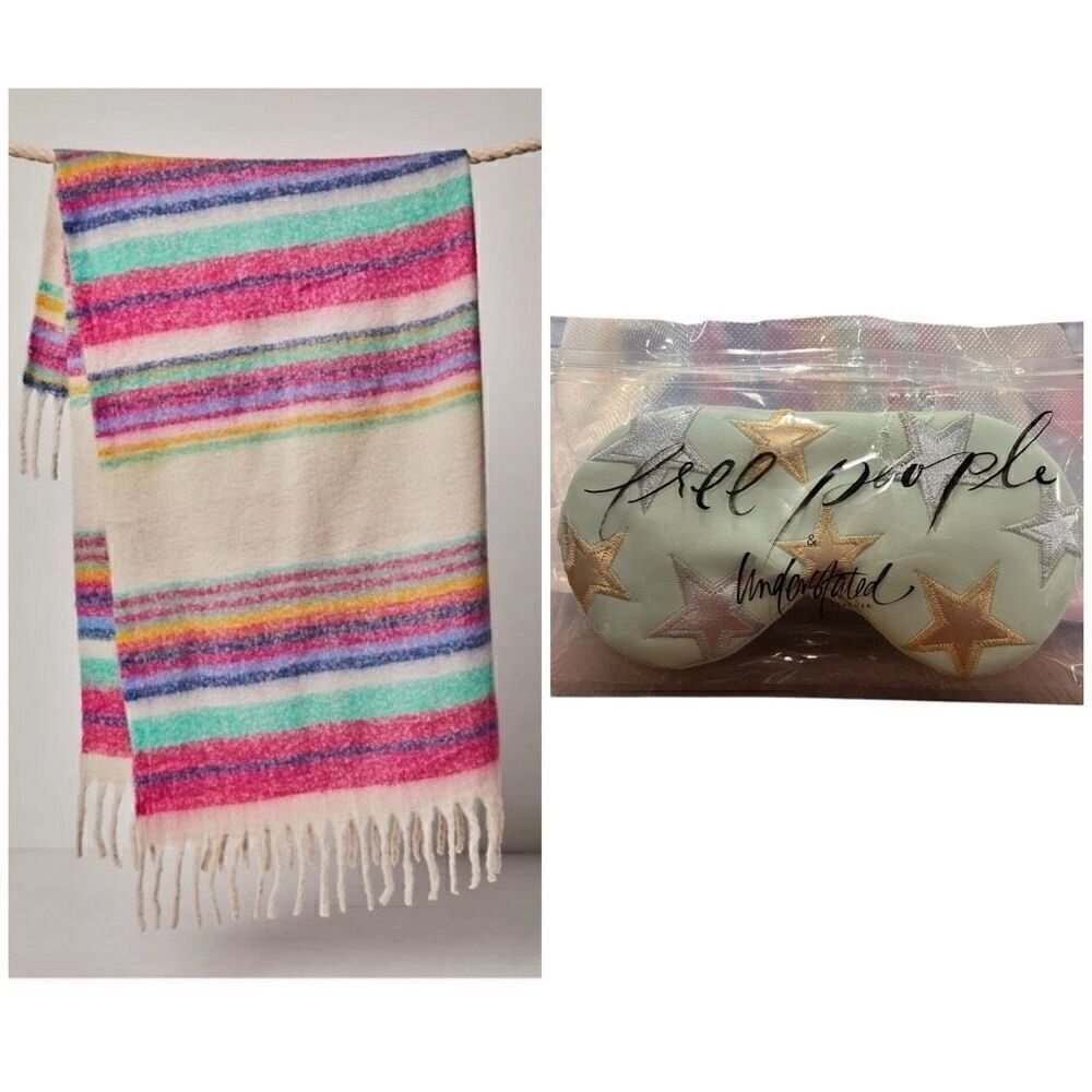 Free people 60x51 skye fringe striped blanket throw and sleep mask set